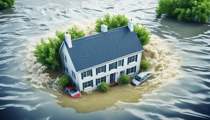 aerial shot of a two-storey family home with two cars outside being destroyed by floodwater