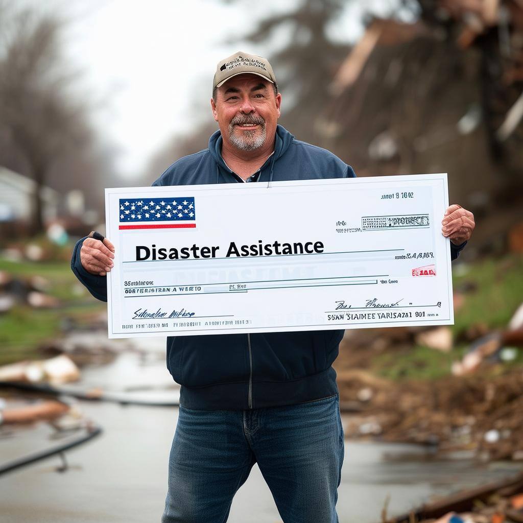 a man holding a giant check that says disaster assistance a man holding a giant check that says disaster assistance