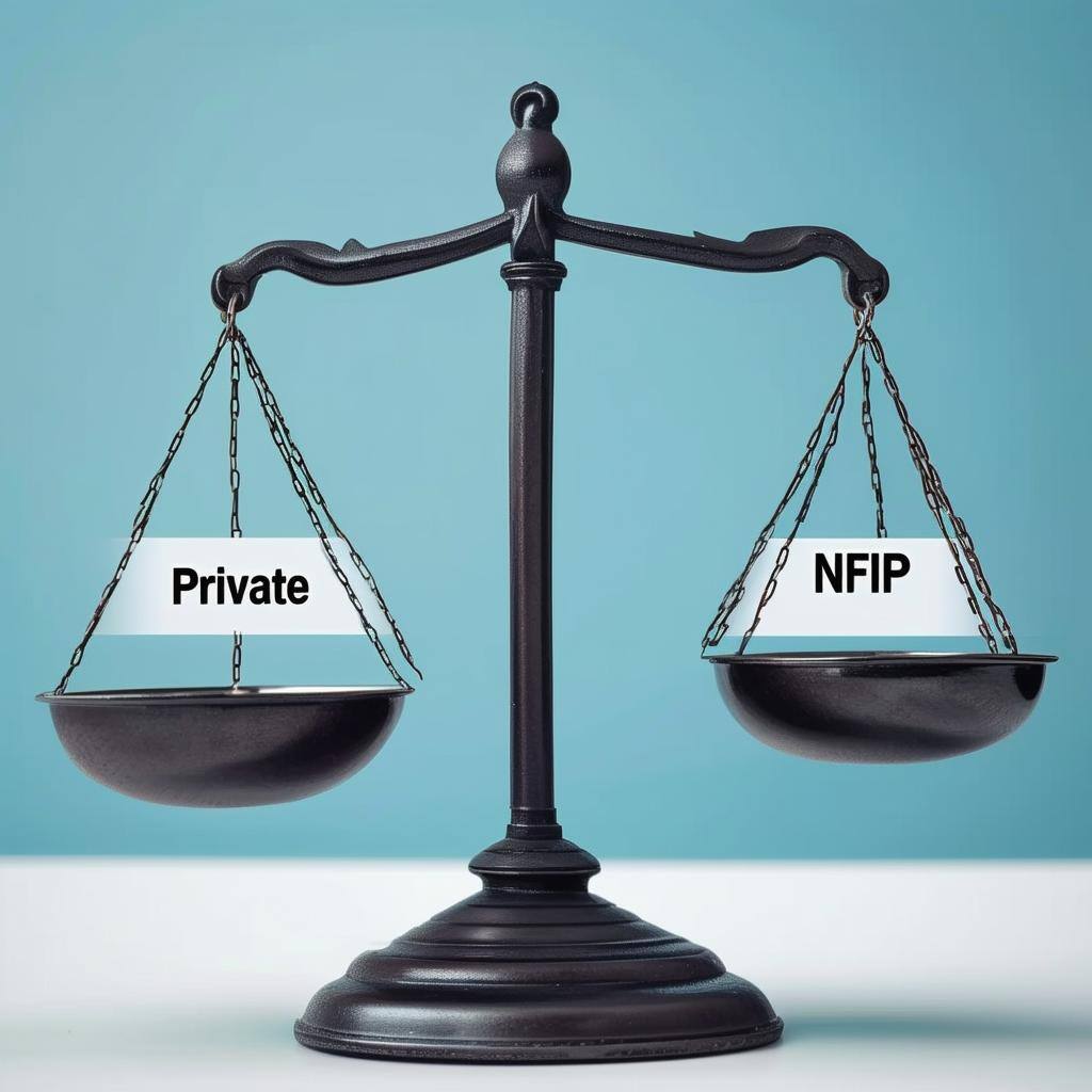a scale with one side holding the word private and the other side holding the word NFIP