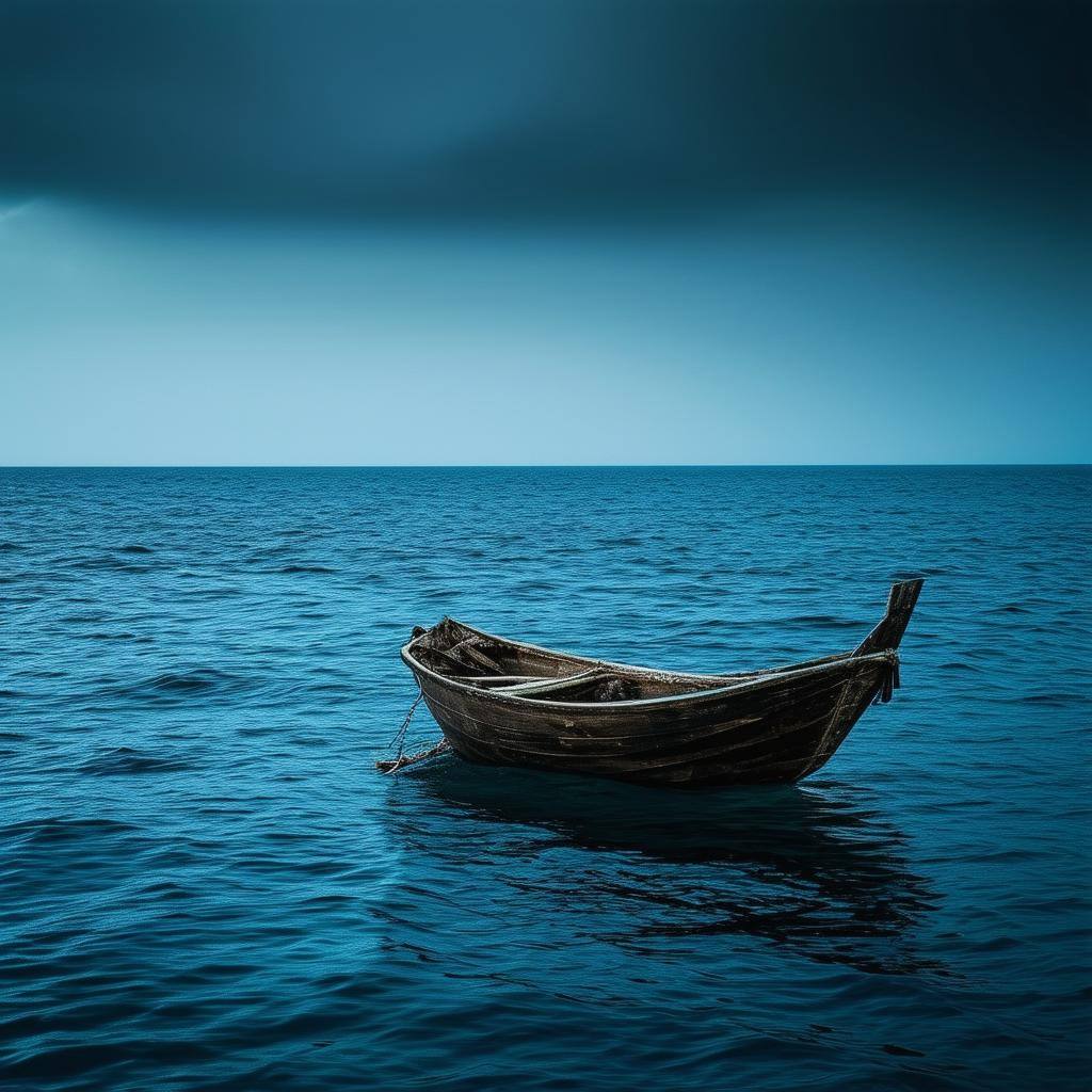 a small wooden boat in the middle of a dark blue ocean a small wooden boat in the middle of a dark blue ocean