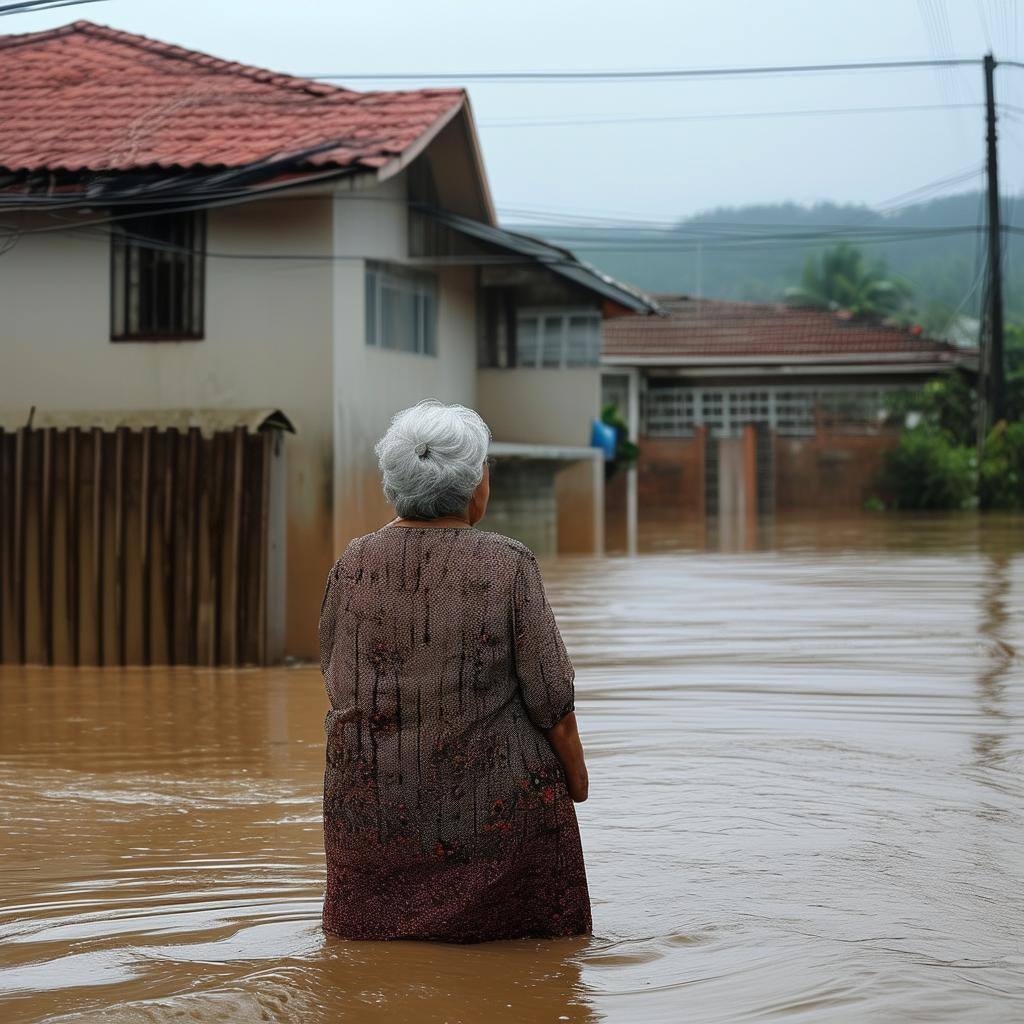 an old woman watching her house flood