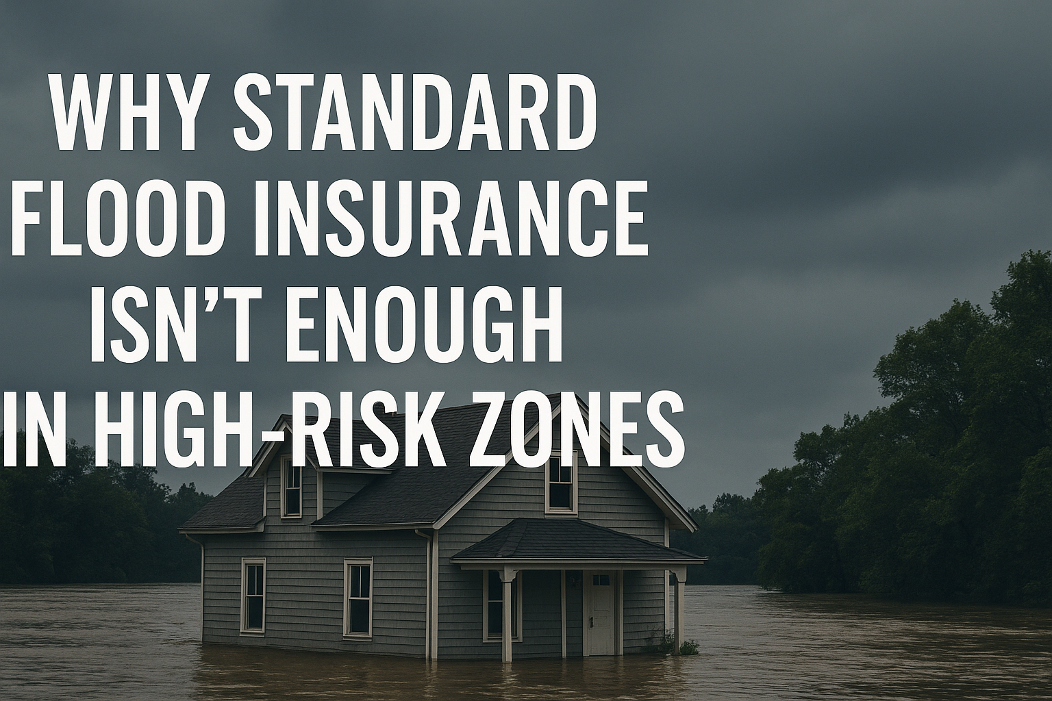 A flooded gray two-story house partially submerged in brown water under a stormy sky, with large white text on the left reading 'Why Standard Flood Insurance Isn’t Enough in High-Risk Zones.