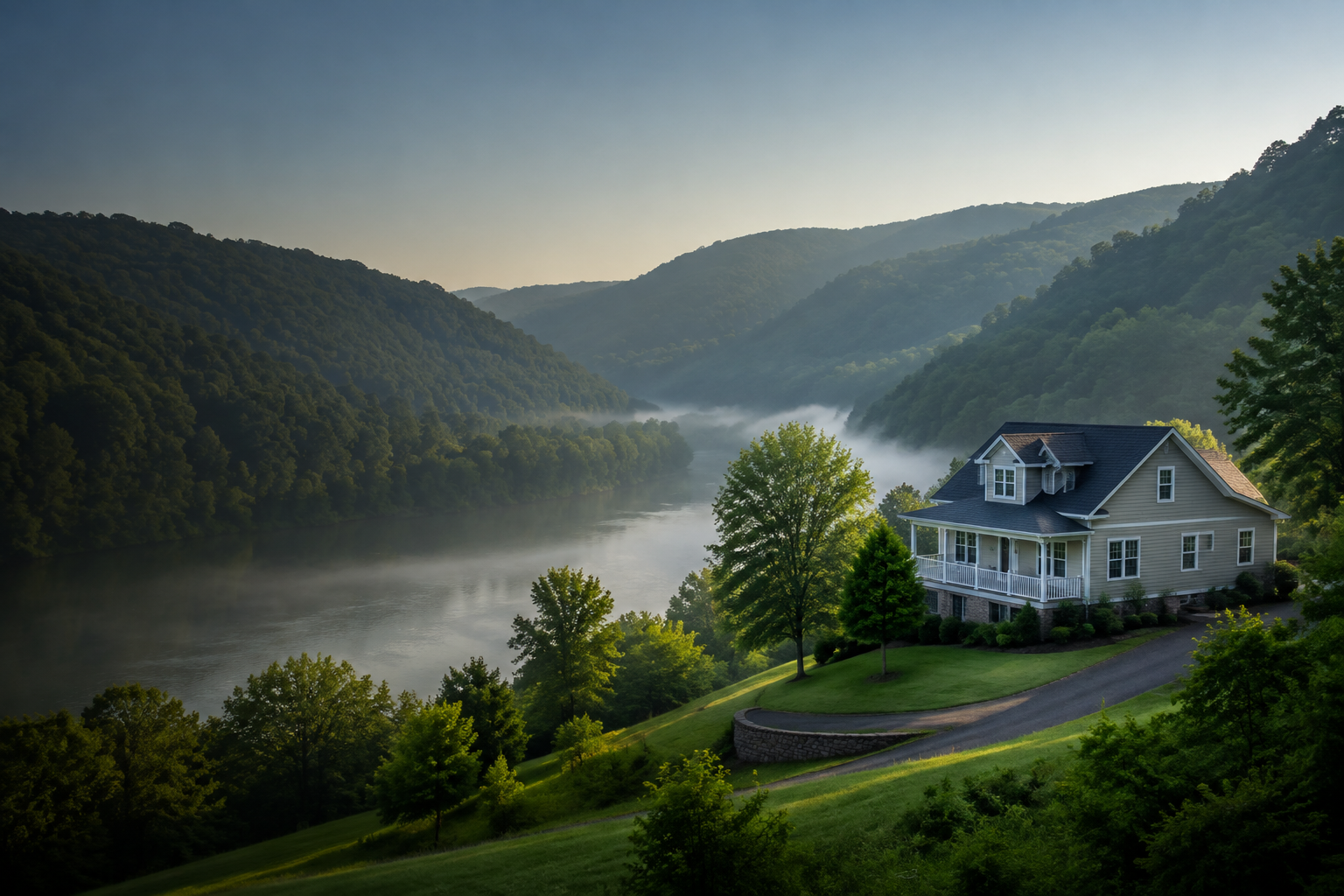 West Virginia home overlooking a misty river valley surrounded by forested Appalachian mountains. West Virginia home overlooking a misty river valley surrounded by forested Appalachian mountains.