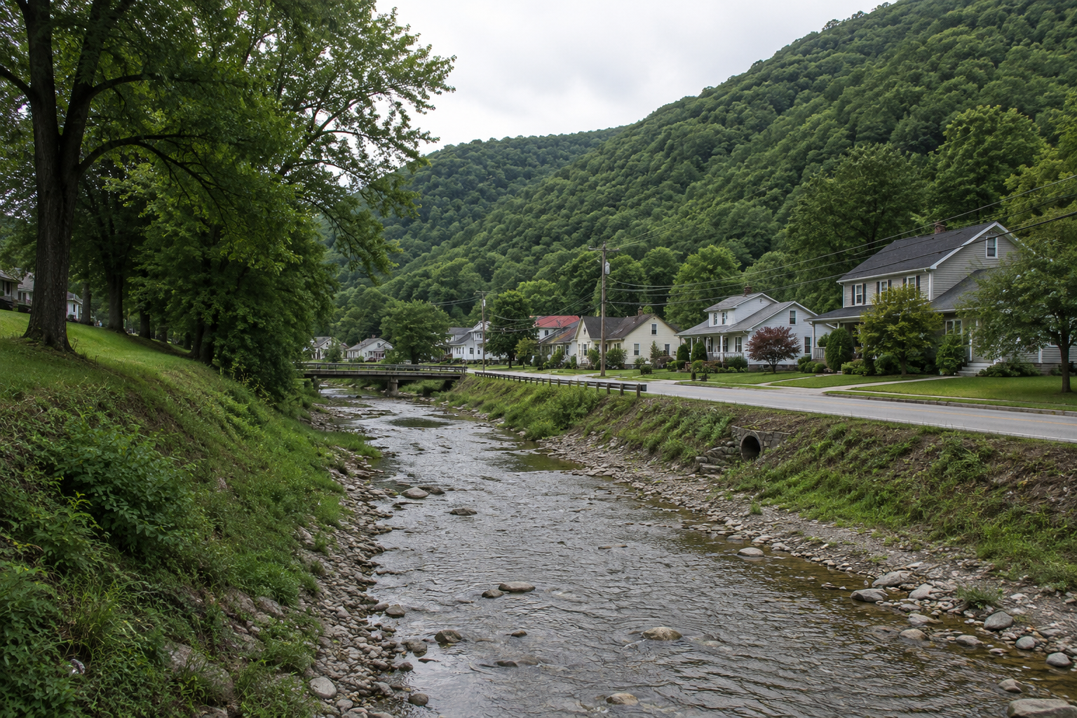 West Virginia homes beside a mountain creek in a forested Appalachian valley. West Virginia homes beside a mountain creek in a forested Appalachian valley.
