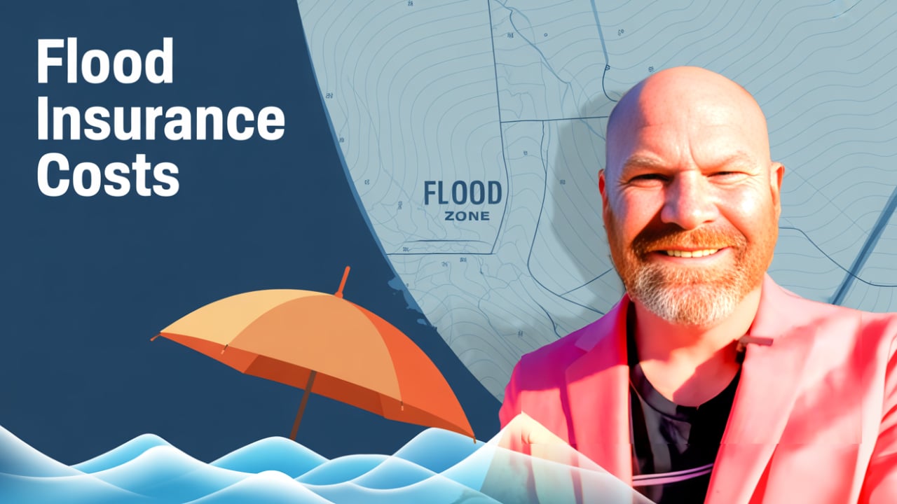 A smiling bald man with a beard, wearing a pink blazer, stands in front of a flood zone map background. The left side of the image has a dark blue overlay with the bold white text 'Flood Insurance Costs'. Below the text, a stylized orange and red umbrella sits above illustrated blue waves, symbolizing flood coverage or protection.