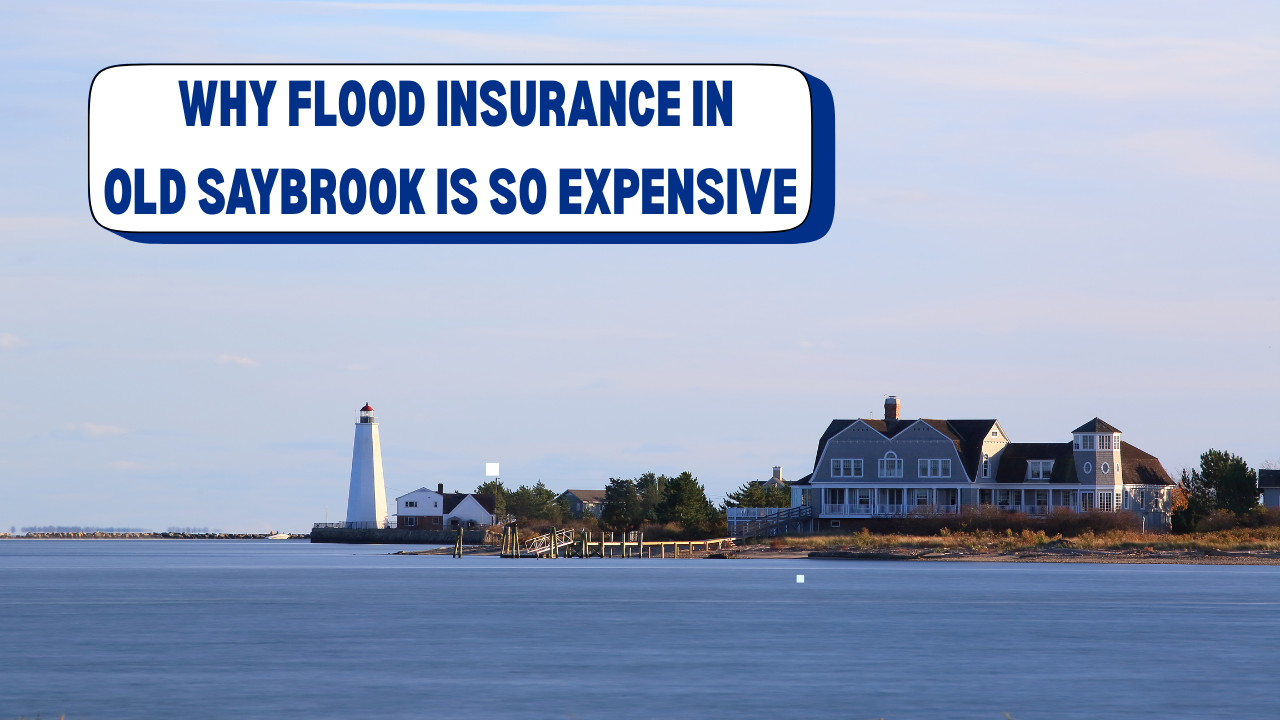 Coastal homes and a white lighthouse in Old Saybrook, Connecticut, with the headline 