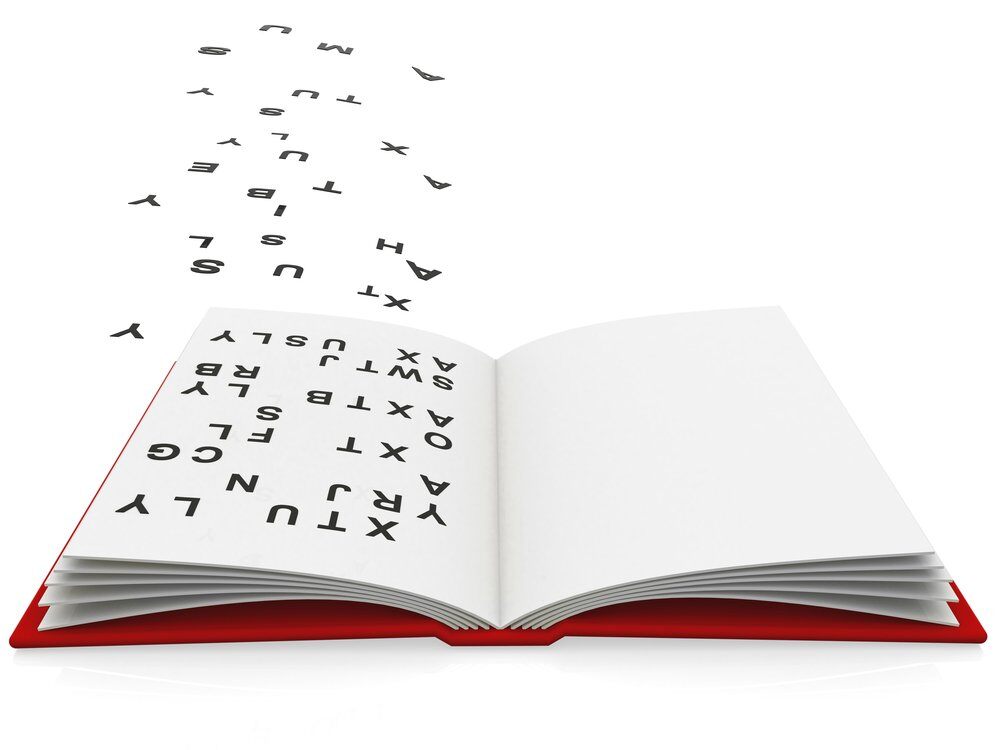 3D open book with fonts flying the pages - isolated over white